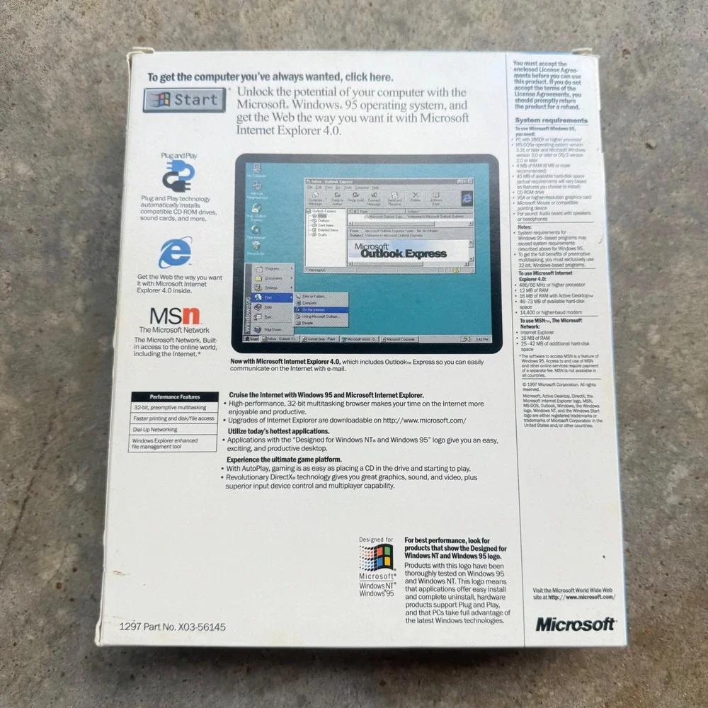 Vintage 90s Microsoft Windows 95 Upgrade Boxed Software Tech Blue OS